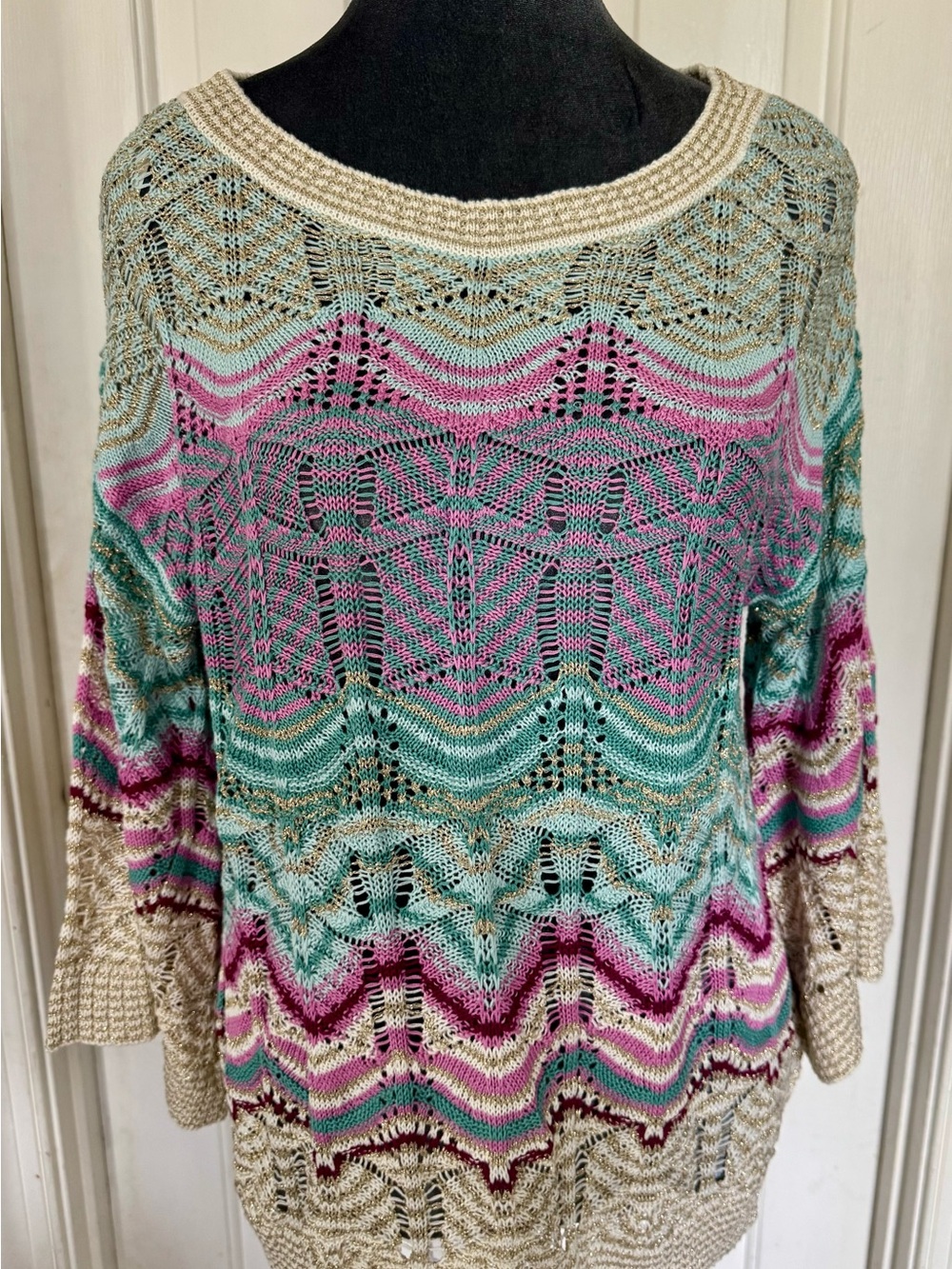 Soft Surroundings Mint and Gold Open-Knit Sweater Detail